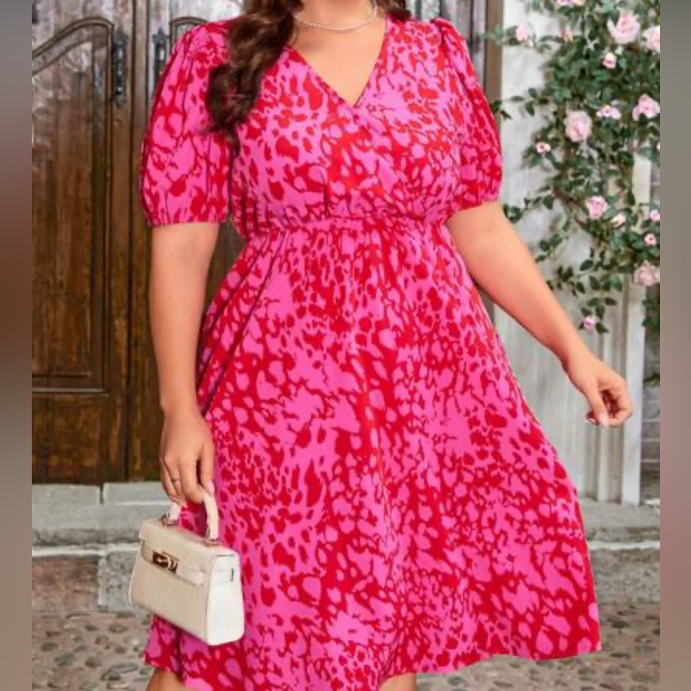 SHEIN Pink and Red V-Neck Puff Sleeve Midi Dress 1X